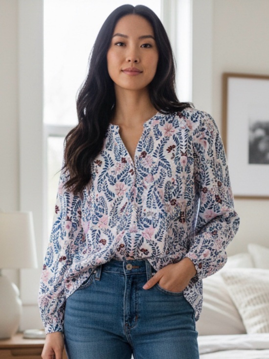Talbots Tops - Talbots Blue and Pink Floral Split V-Neck Peasant Blouse
